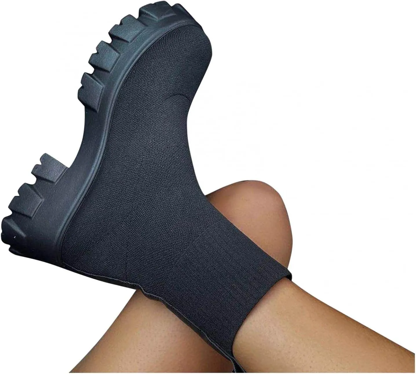 Bcshiye Women's Knit Chunky Heel Sock Boots Round Toe Mid-Calf Booties Chunky Heeled Breathable Slip On Ankle Booties