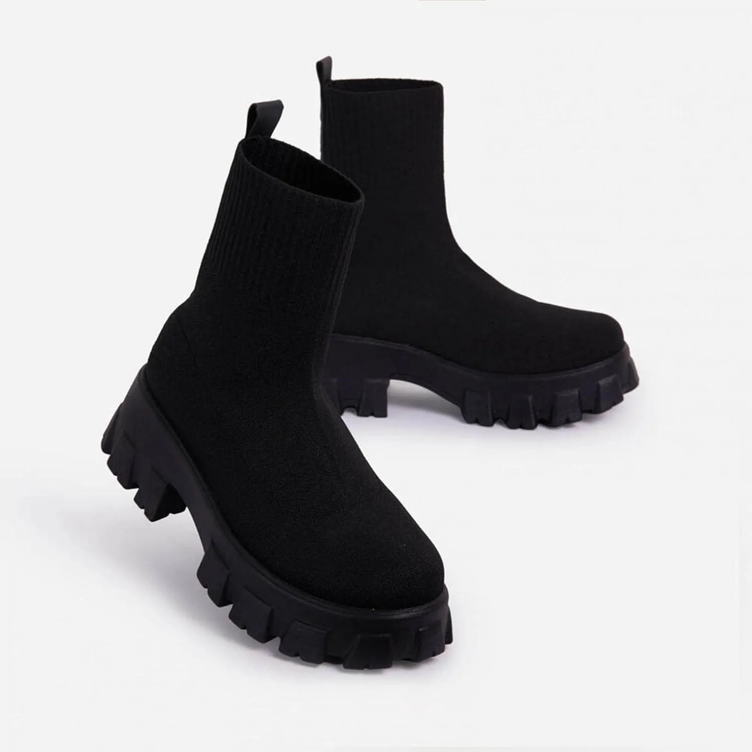 Bcshiye Women's Knit Chunky Heel Sock Boots Round Toe Mid-Calf Booties Chunky Heeled Breathable Slip On Ankle Booties