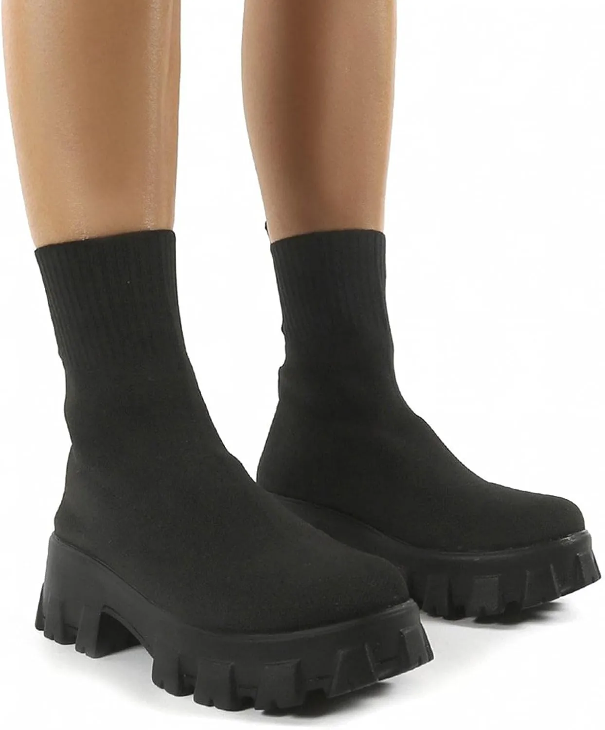Bcshiye Women's Knit Chunky Heel Sock Boots Round Toe Mid-Calf Booties Chunky Heeled Breathable Slip On Ankle Booties
