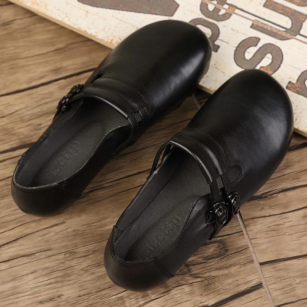 Black Cowhide Leather Flat Shoes Buckle Strap Flats