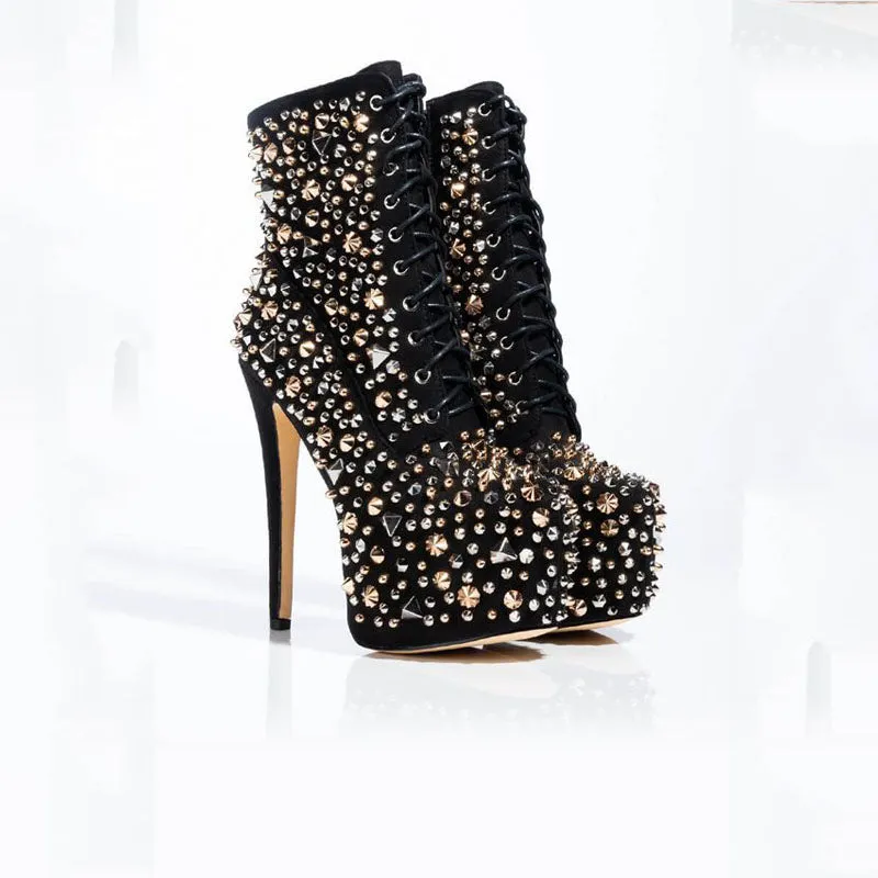 Black Rhinestone Rivet Platform Zipper Strap Calf Boots