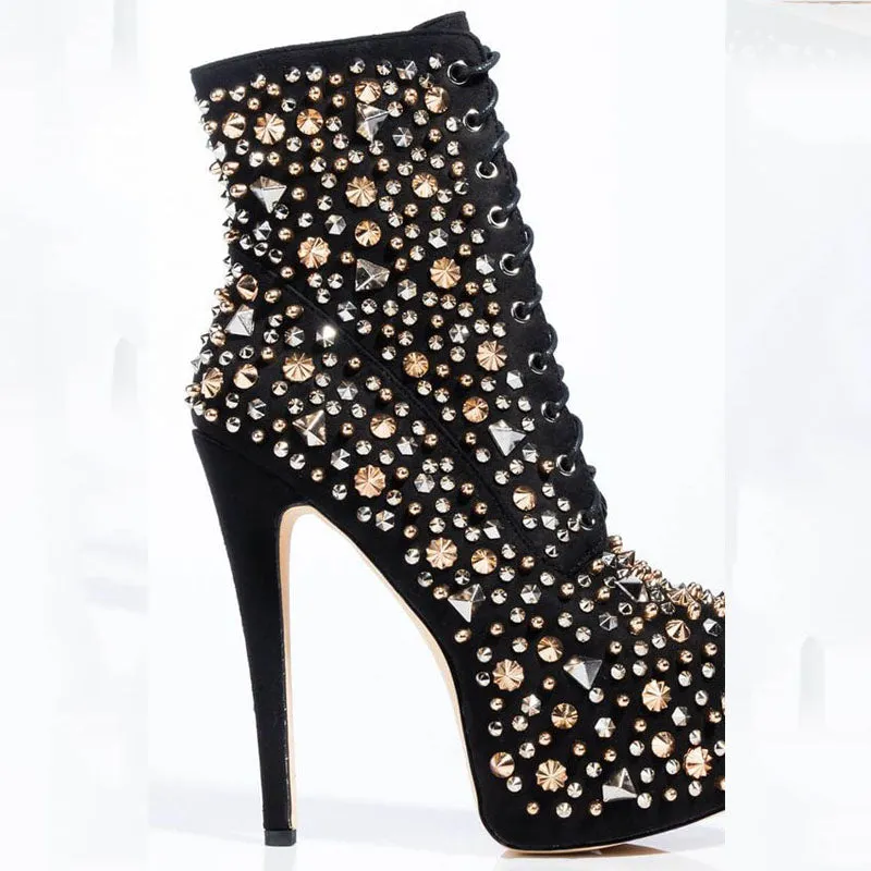 Black Rhinestone Rivet Platform Zipper Strap Calf Boots