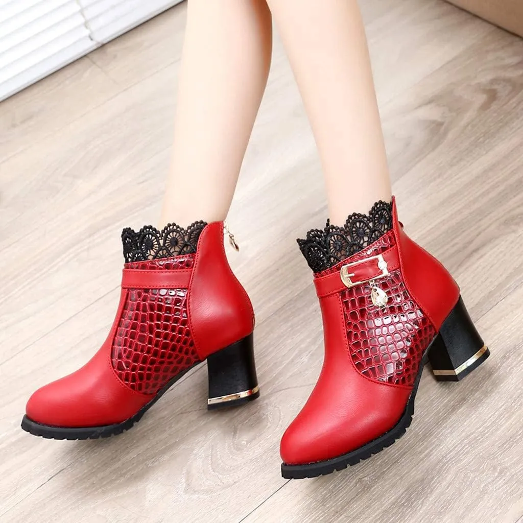 Chunky Heels Boots Lace Trim Trendy Ankle Booties High Heel Sweet Lace Back Zipper Shoes Vintage Bootie for Women