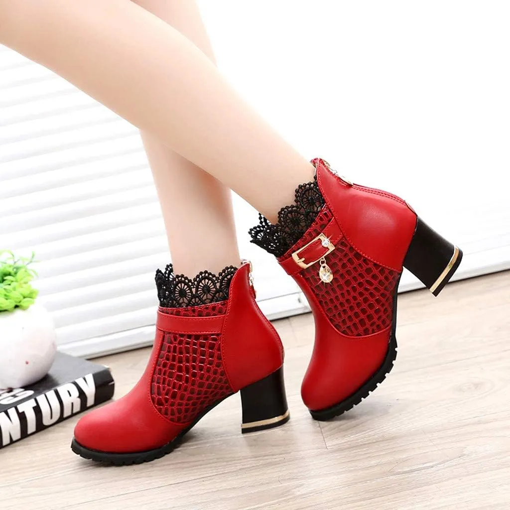 Chunky Heels Boots Lace Trim Trendy Ankle Booties High Heel Sweet Lace Back Zipper Shoes Vintage Bootie for Women