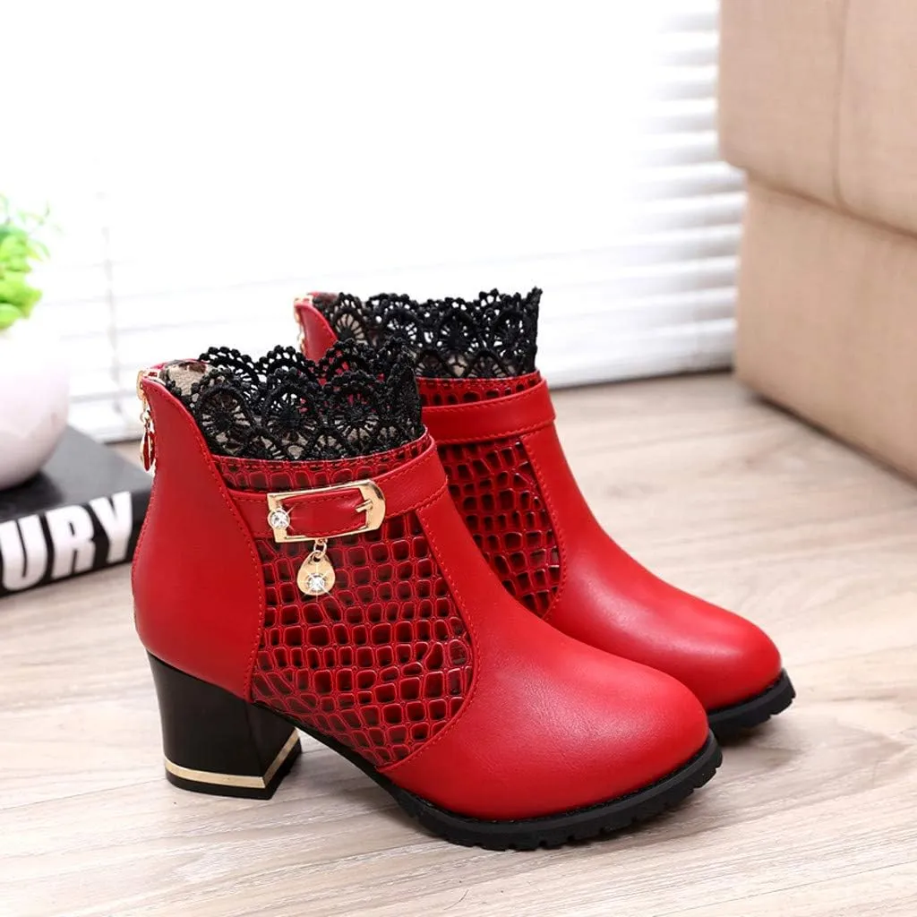 Chunky Heels Boots Lace Trim Trendy Ankle Booties High Heel Sweet Lace Back Zipper Shoes Vintage Bootie for Women