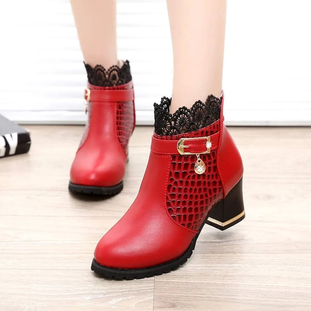 Chunky Heels Boots Lace Trim Trendy Ankle Booties High Heel Sweet Lace Back Zipper Shoes Vintage Bootie for Women