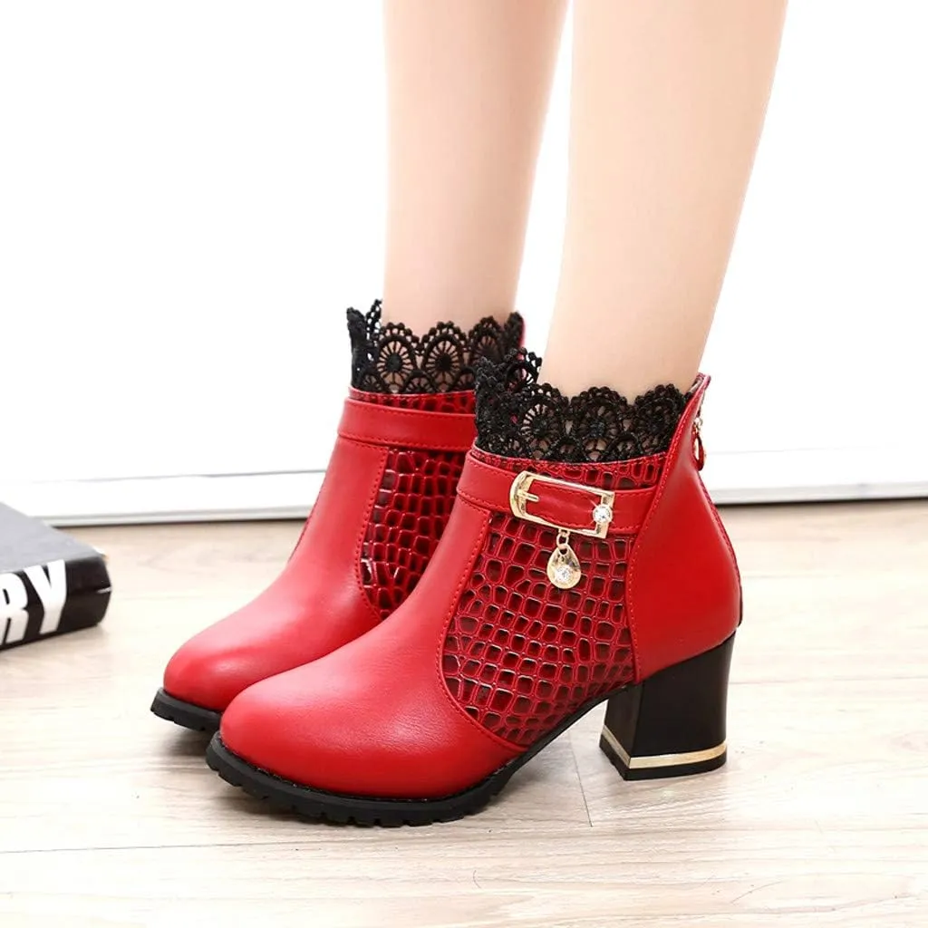 Chunky Heels Boots Lace Trim Trendy Ankle Booties High Heel Sweet Lace Back Zipper Shoes Vintage Bootie for Women