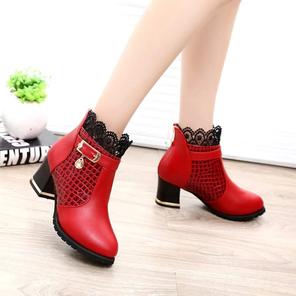 Chunky Heels Boots Lace Trim Trendy Ankle Booties High Heel Sweet Lace Back Zipper Shoes Vintage Bootie for Women
