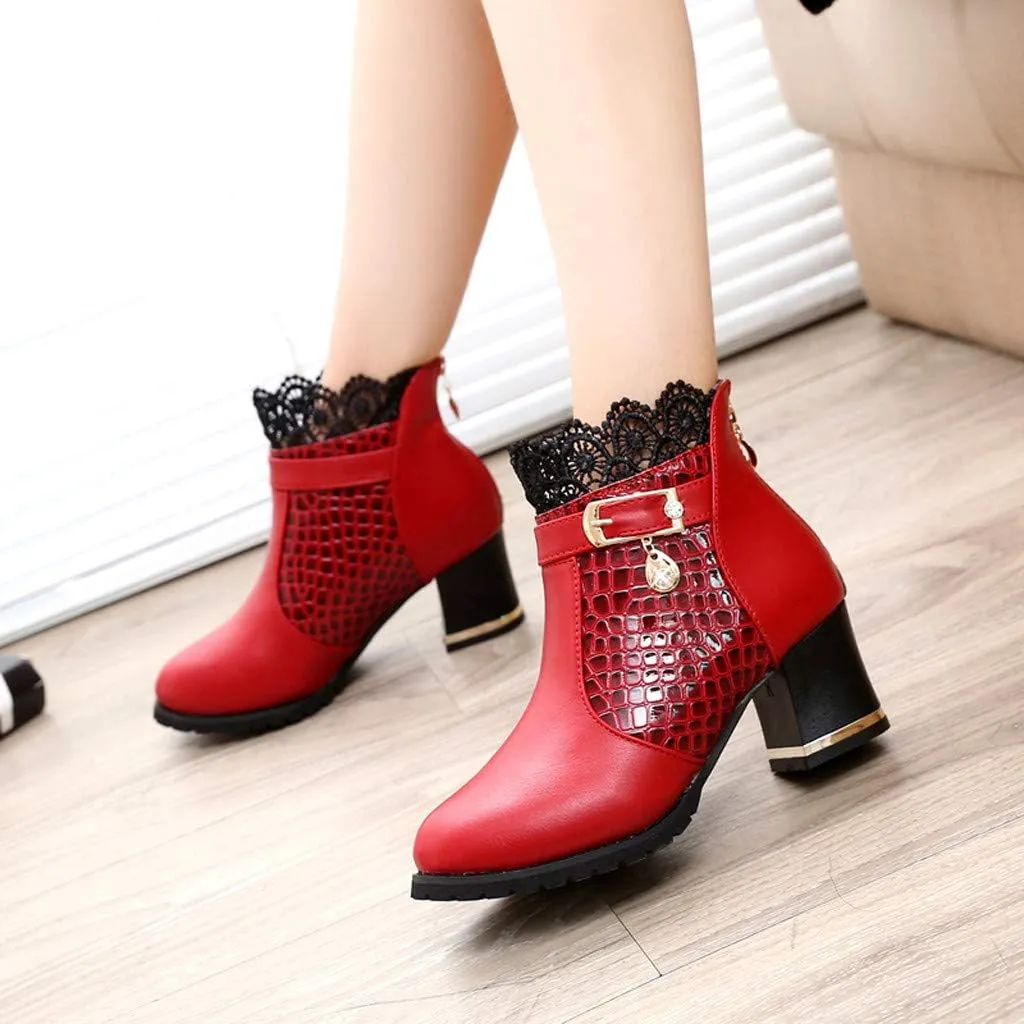 Chunky Heels Boots Lace Trim Trendy Ankle Booties High Heel Sweet Lace Back Zipper Shoes Vintage Bootie for Women