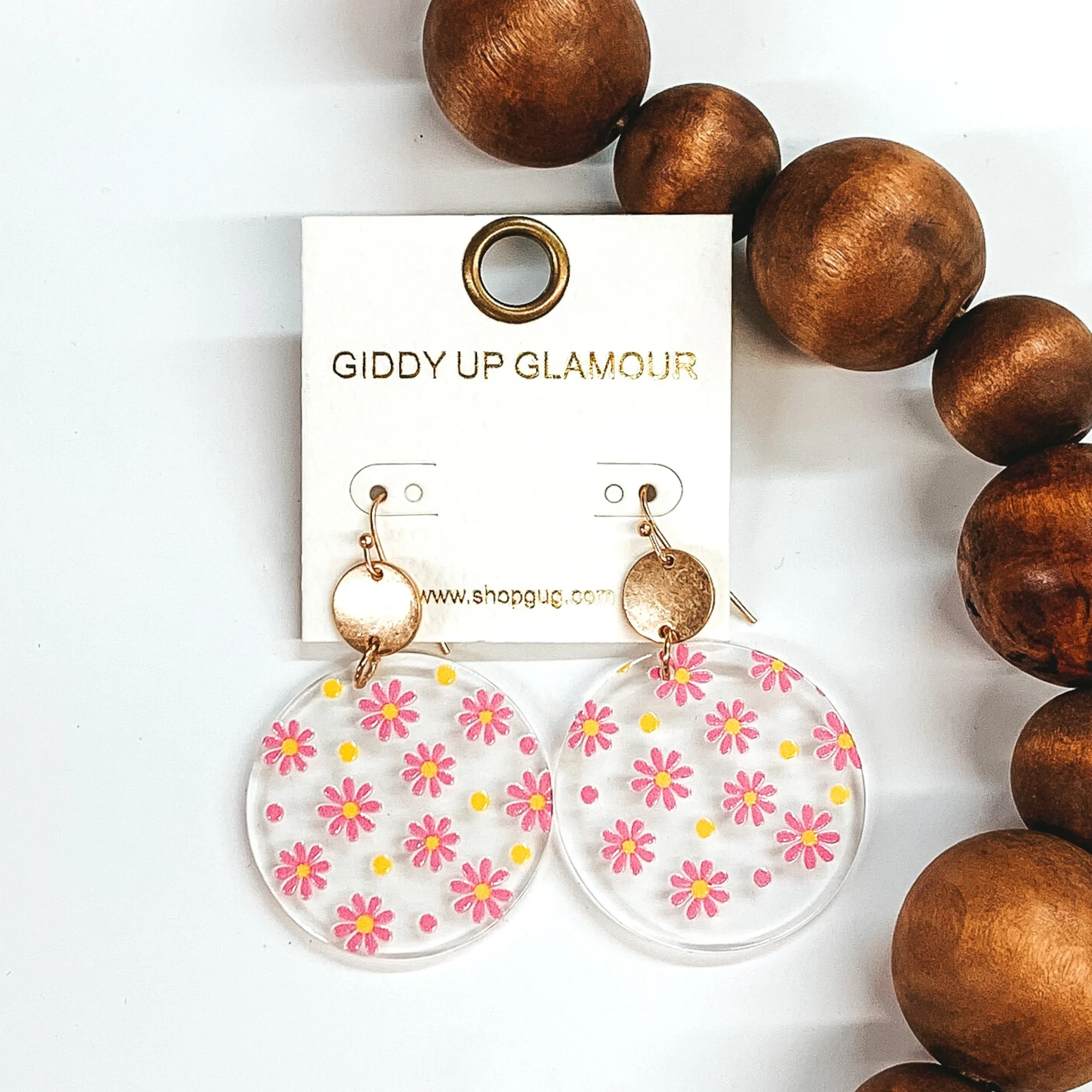 Clear Circle Drop Earrings with Pink Flowers