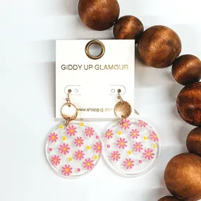 Clear Circle Drop Earrings with Pink Flowers