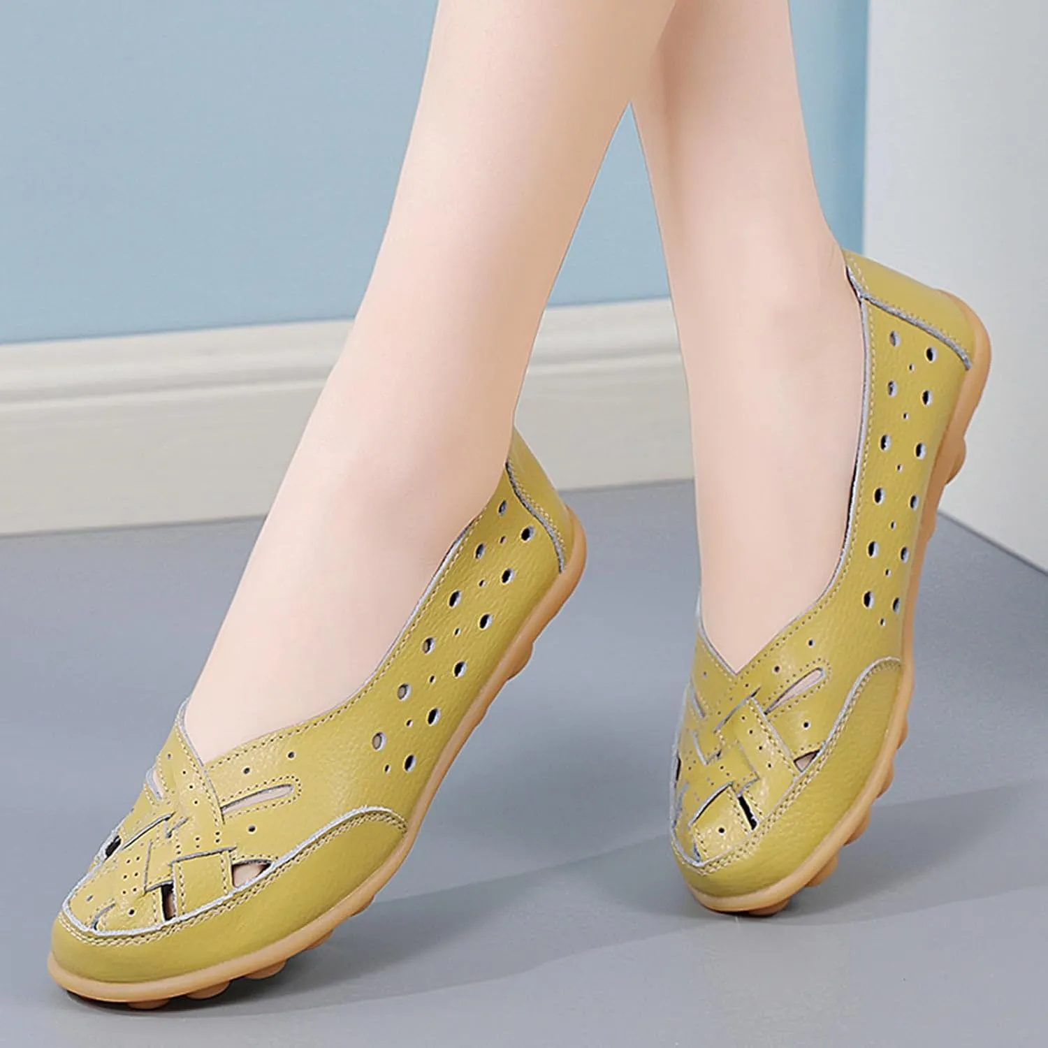 Close Toe Sandals for Women Orthopedic Loafers Breathable Leather Comfortable Hollow Soft Flats Summer Casual Slip-On Shoes