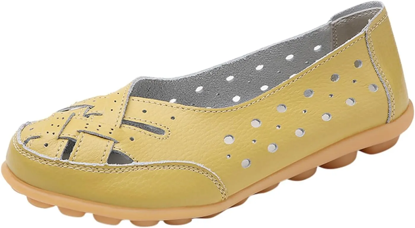 Close Toe Sandals for Women Orthopedic Loafers Breathable Leather Comfortable Hollow Soft Flats Summer Casual Slip-On Shoes