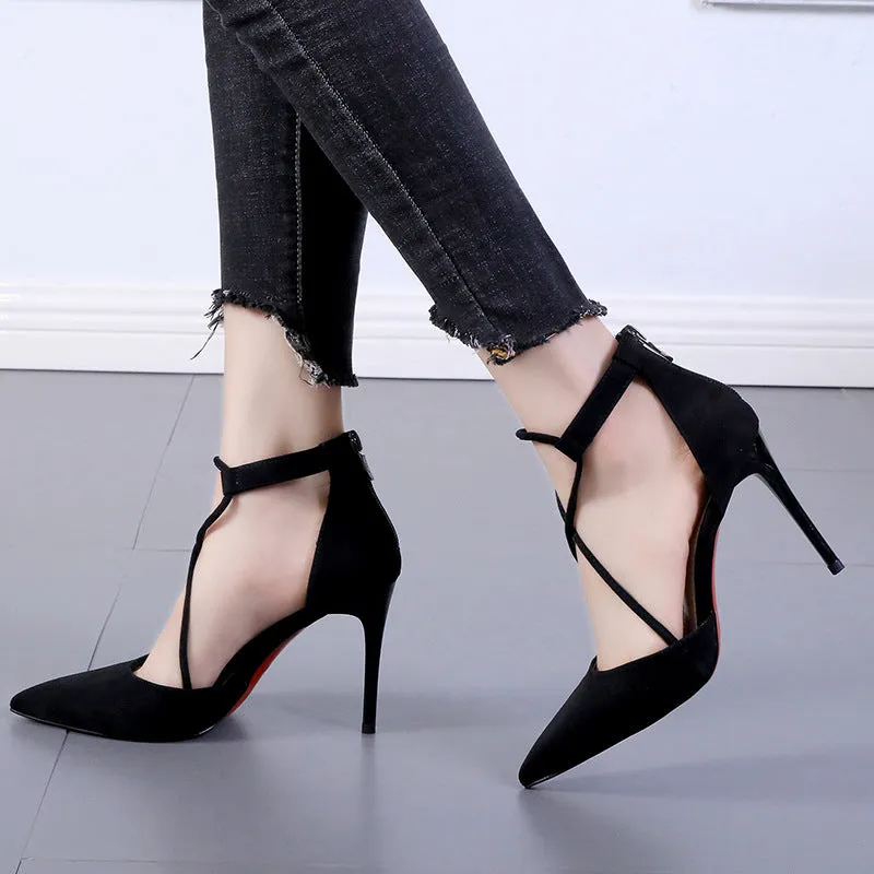 Cross Pointed Hollow High Heel Suede Sandals