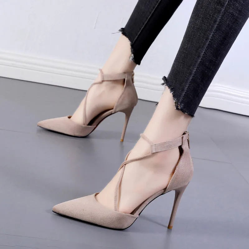 Cross Pointed Hollow High Heel Suede Sandals