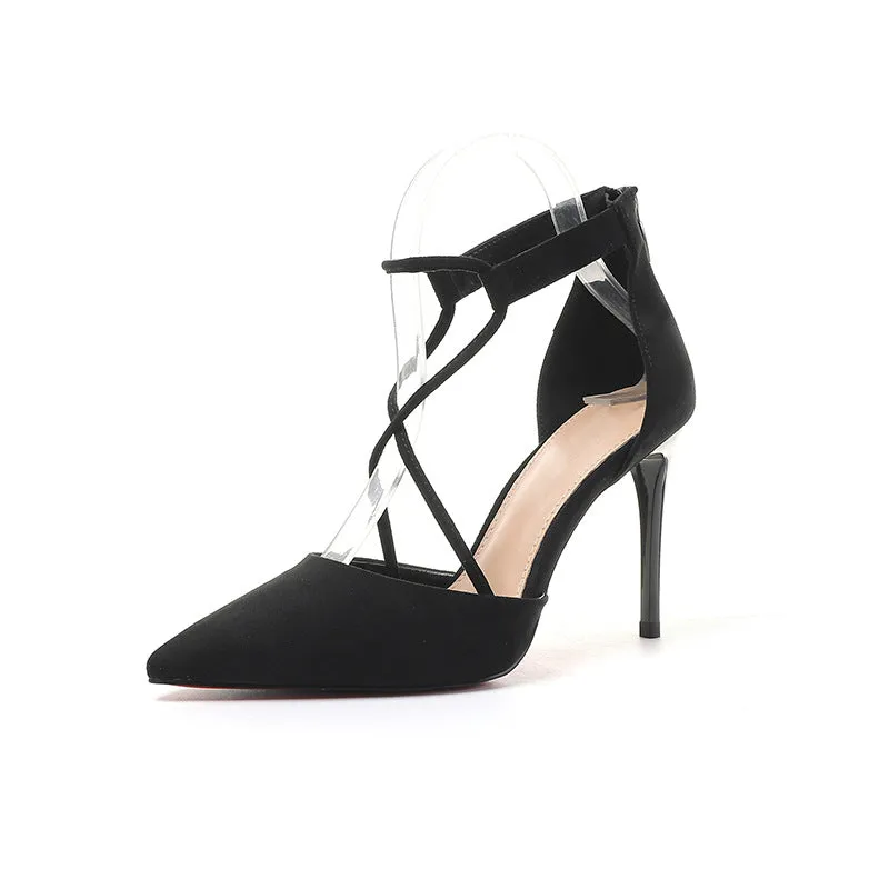 Cross Pointed Hollow High Heel Suede Sandals