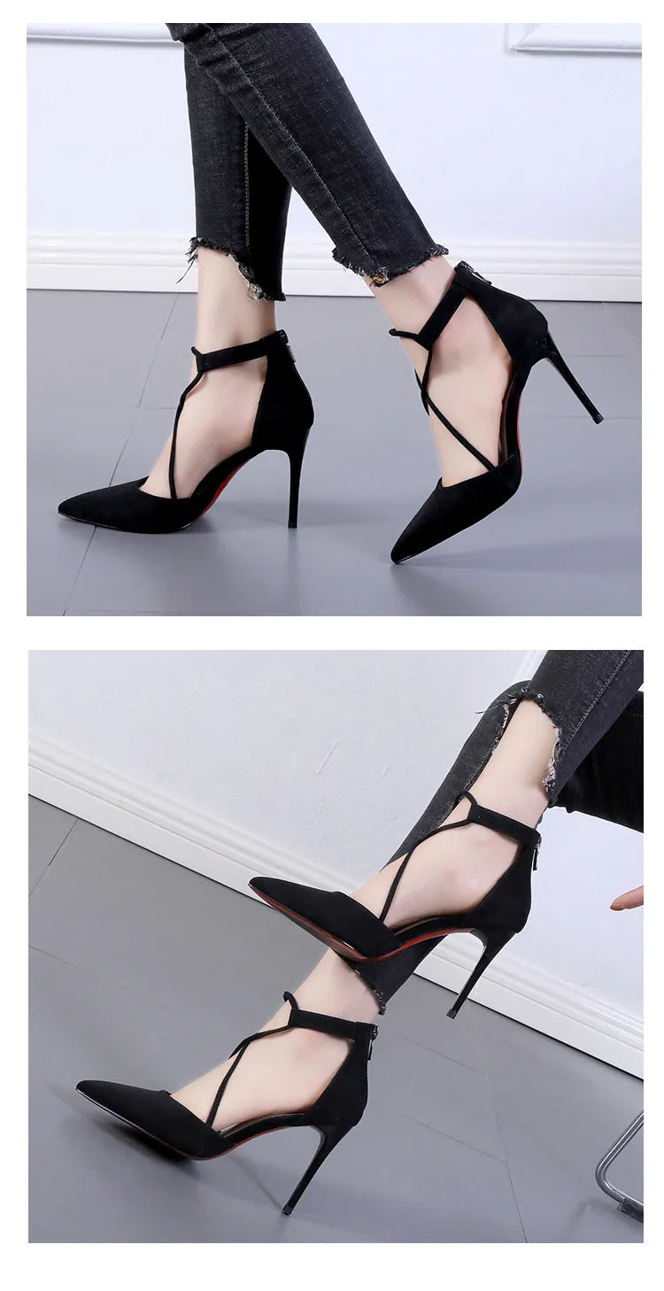 Cross Pointed Hollow High Heel Suede Sandals
