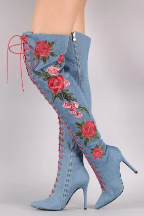 Denim Floral Embroidery Lace-Up Stiletto OTK Boots