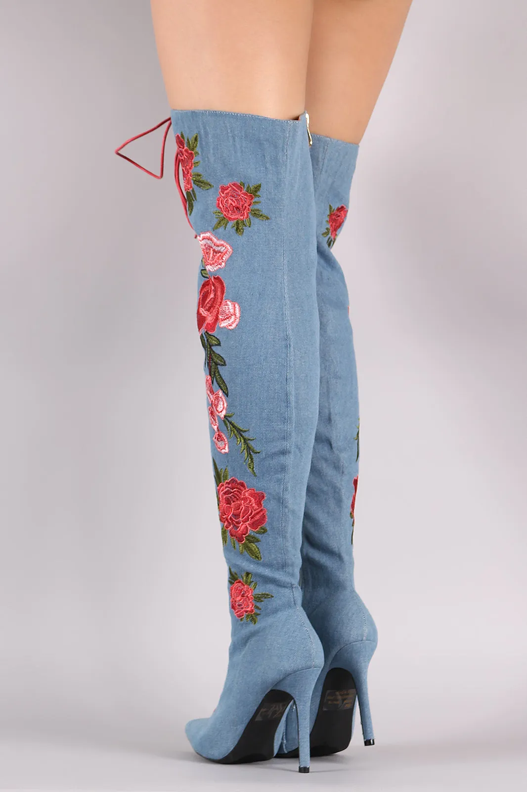 Denim Floral Embroidery Lace-Up Stiletto OTK Boots