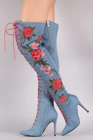 Denim Floral Embroidery Lace-Up Stiletto OTK Boots