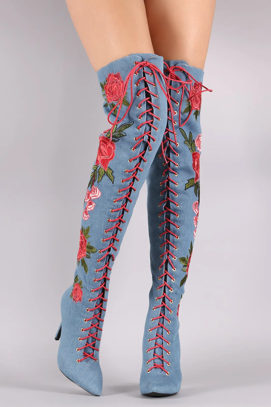 Denim Floral Embroidery Lace-Up Stiletto OTK Boots