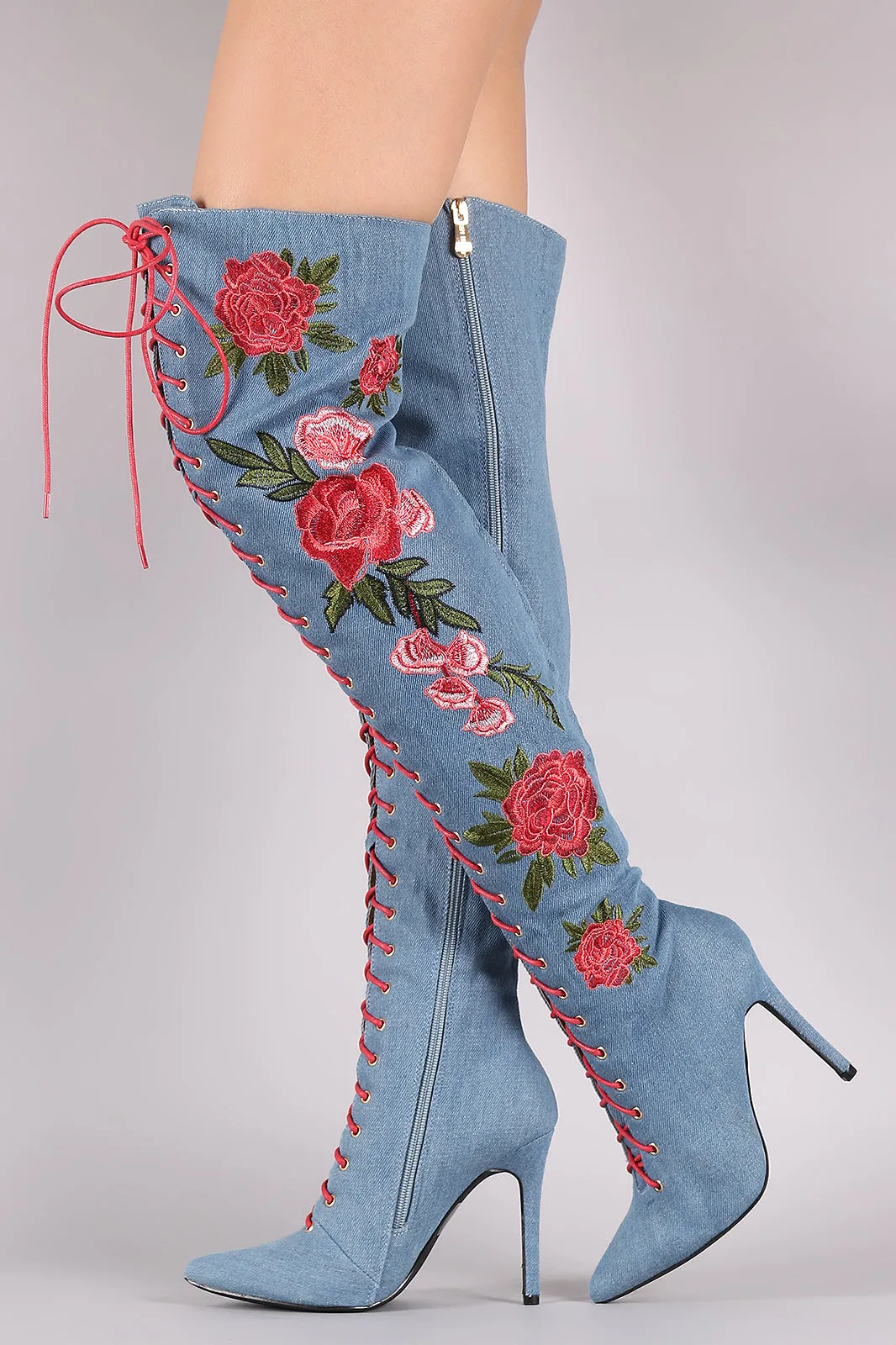 Denim Floral Embroidery Lace-Up Stiletto OTK Boots
