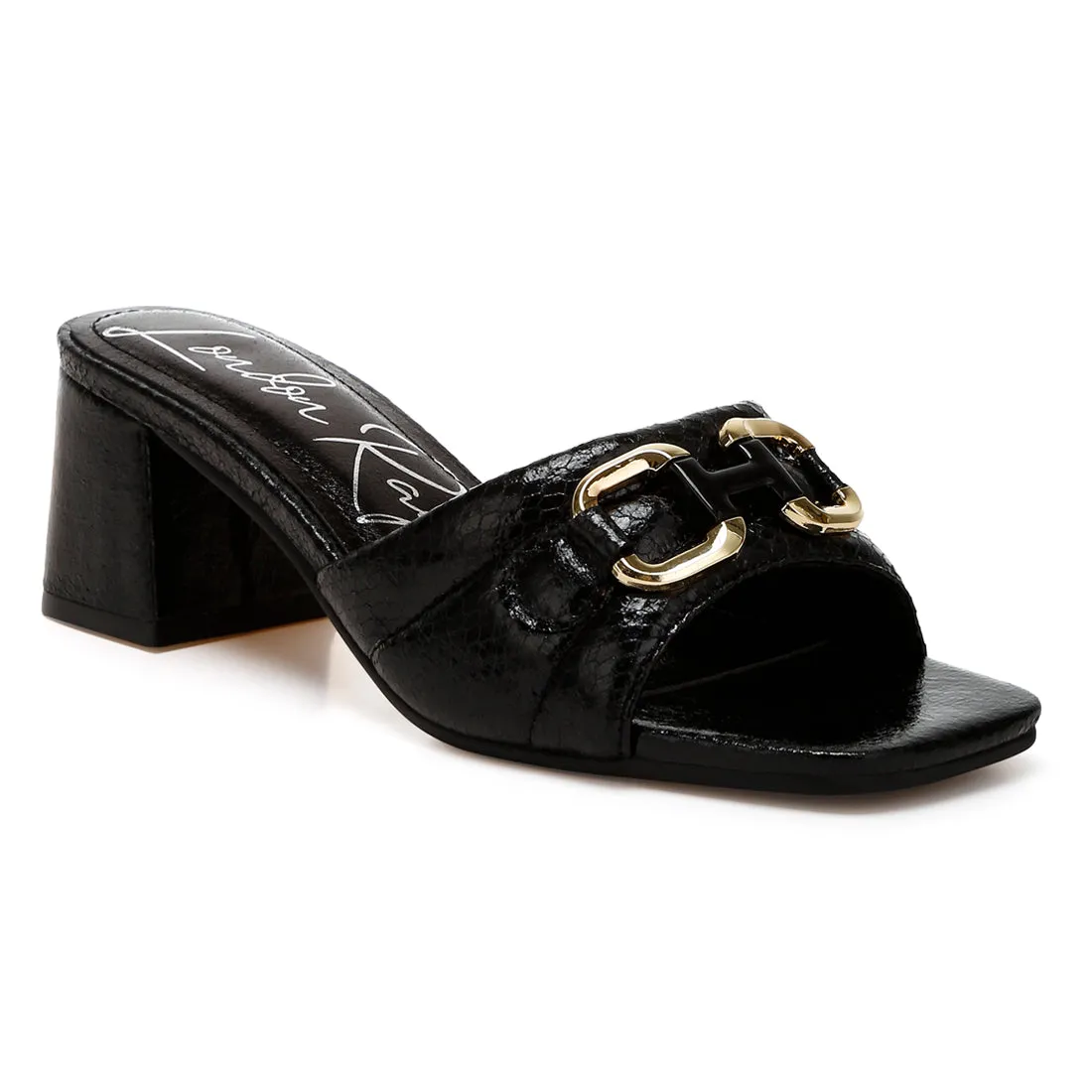 Horsebit Detail Snake Print Sandals