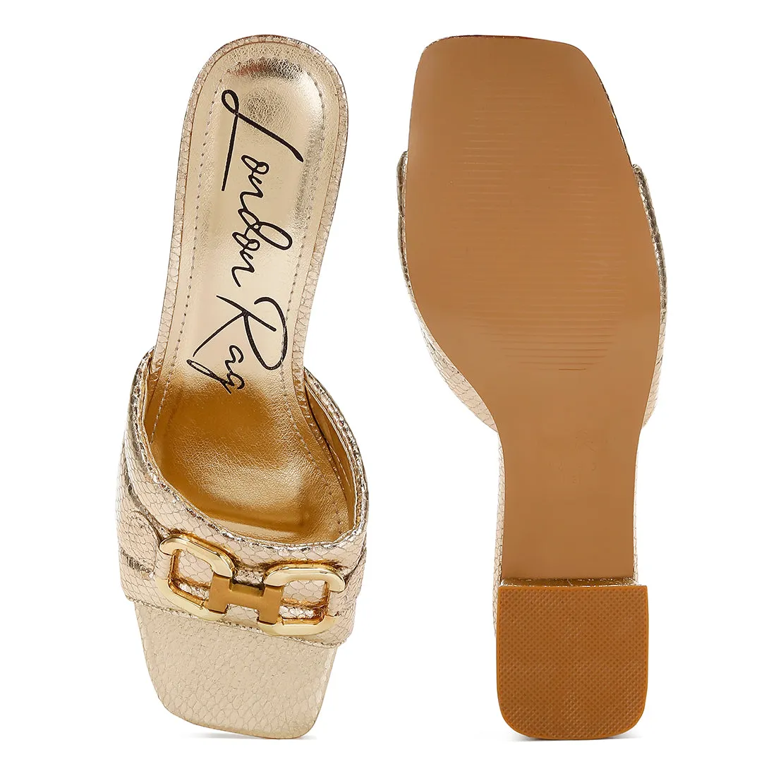 Horsebit Detail Snake Print Sandals