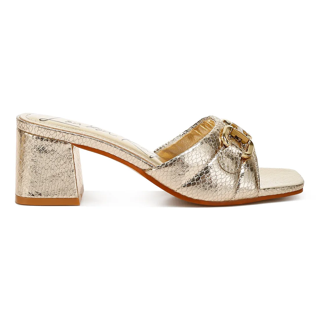 Horsebit Detail Snake Print Sandals