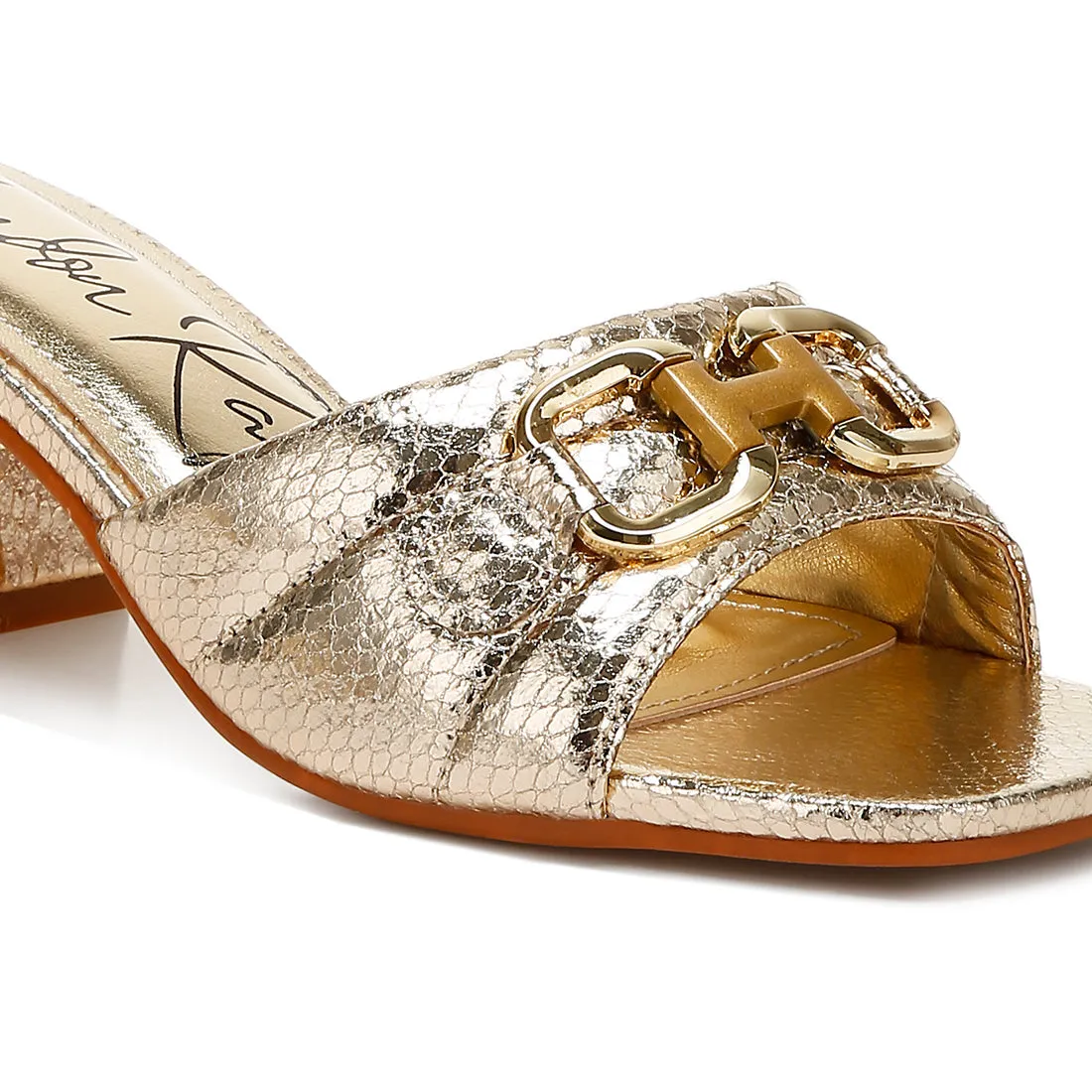 Horsebit Detail Snake Print Sandals