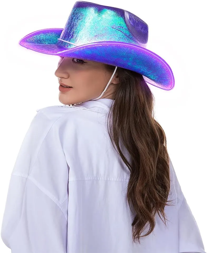 HSCTEK Light Up Holographic Space Cowboy Cowgirl Hat(Updated EL Wire)