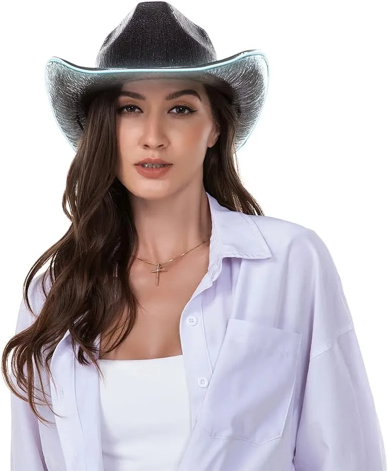 HSCTEK Light Up Holographic Space Cowboy Cowgirl Hat(Updated EL Wire)