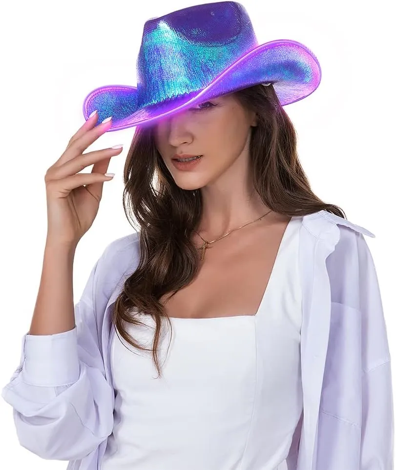 HSCTEK Light Up Holographic Space Cowboy Cowgirl Hat(Updated EL Wire)