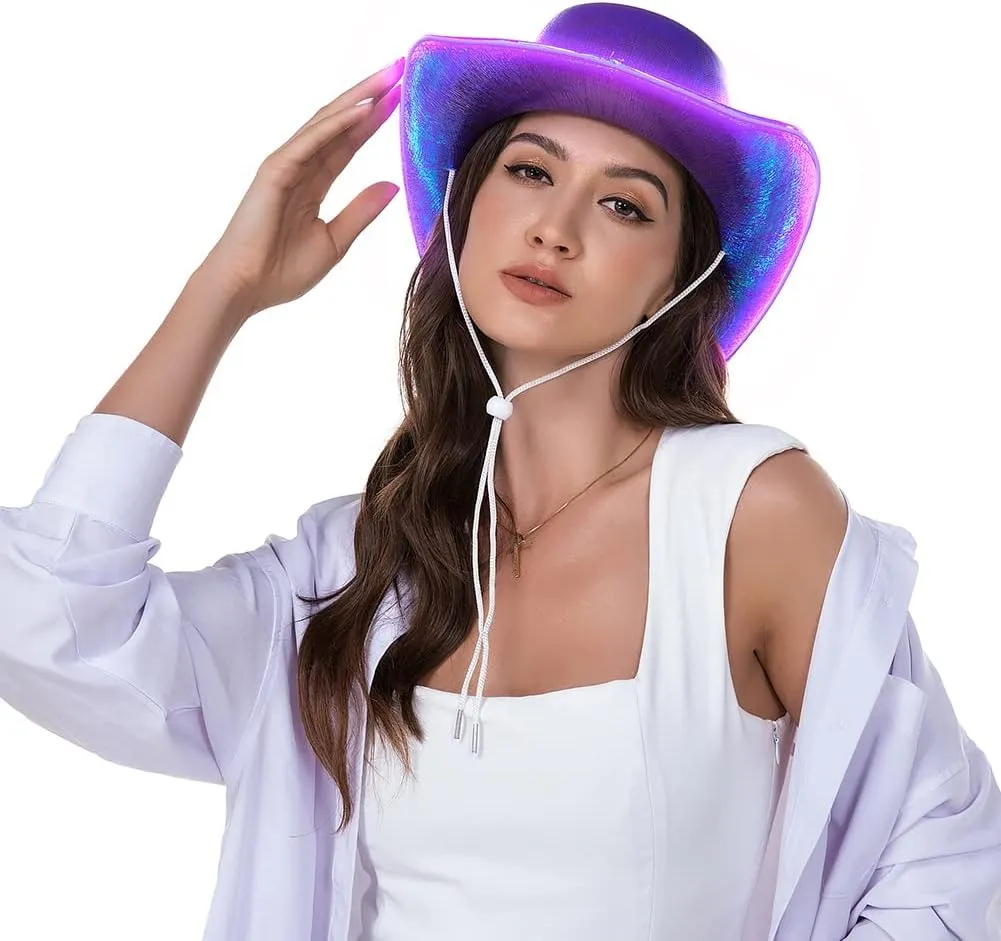 HSCTEK Light Up Holographic Space Cowboy Cowgirl Hat(Updated EL Wire)