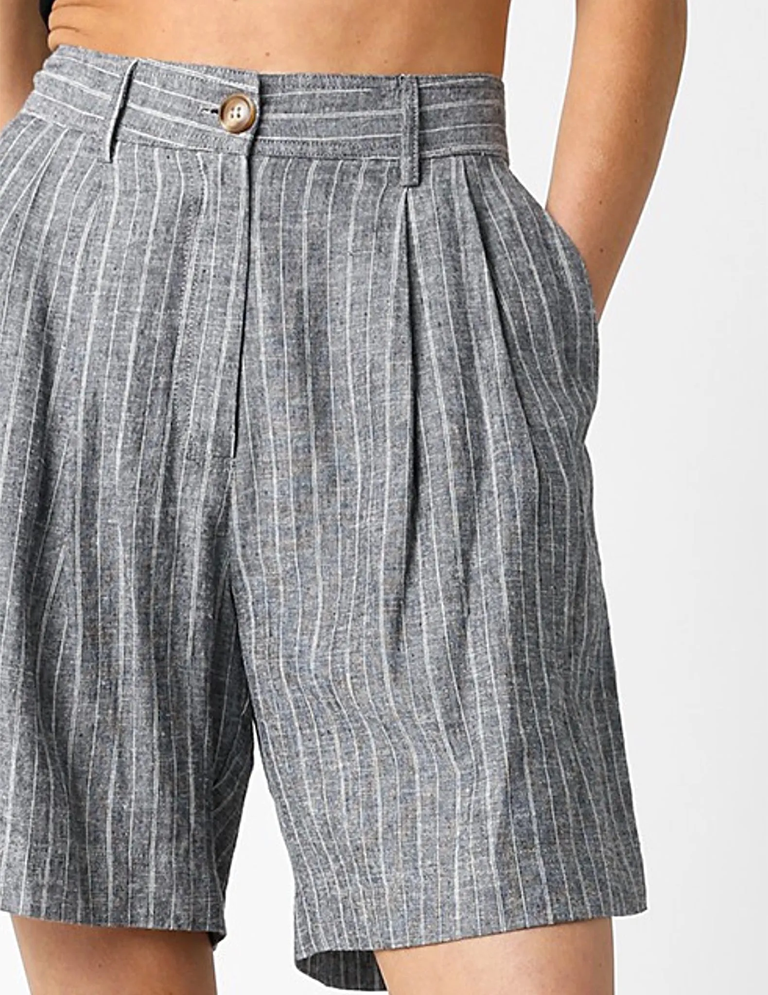 Joanna Heathered Black Pinstripe Linen Shorts