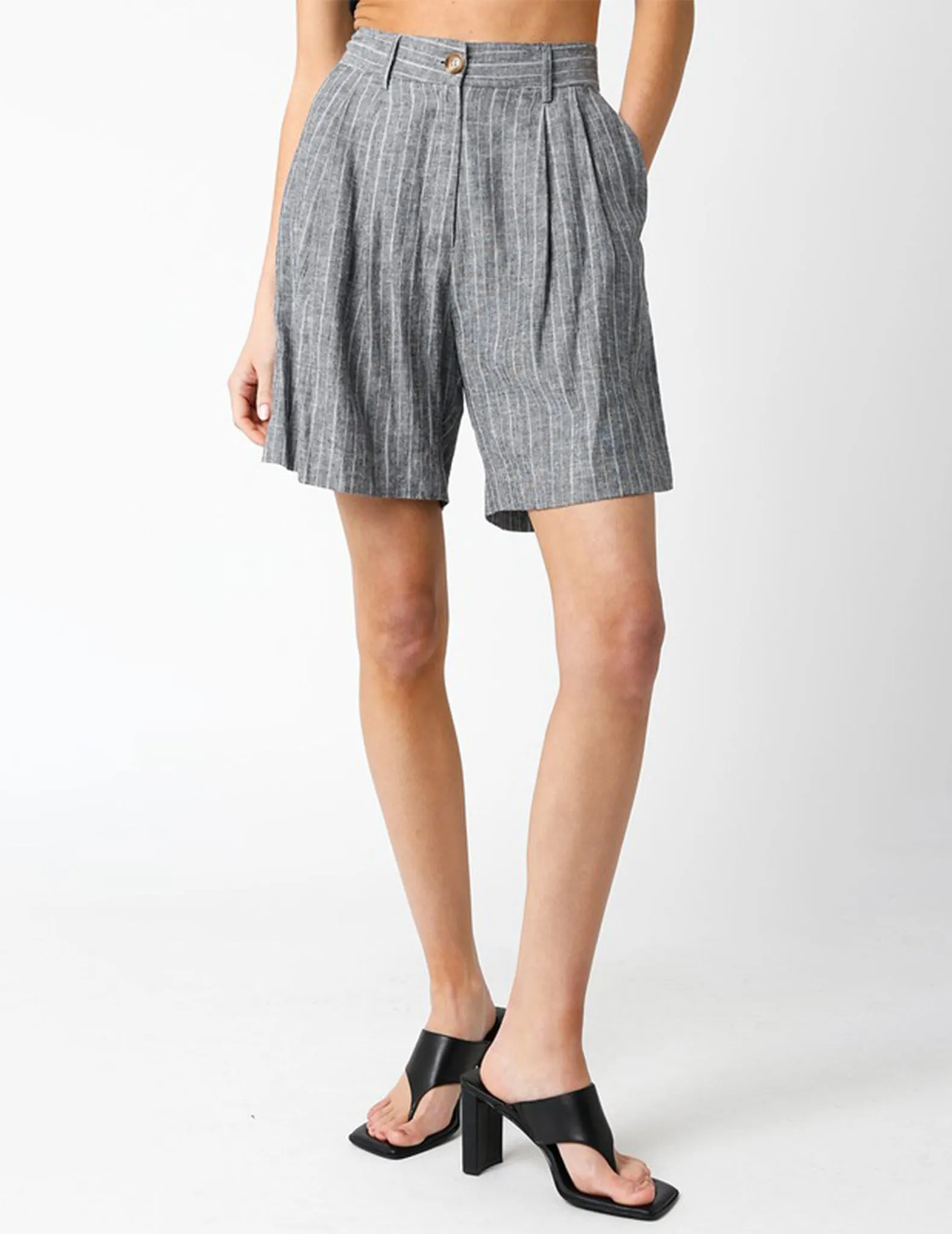 Joanna Heathered Black Pinstripe Linen Shorts