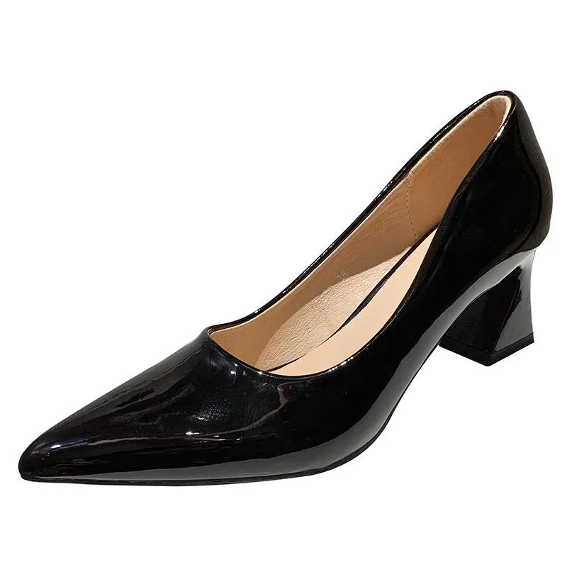 Nude Block Heels Summer Chunky Heel Soft Patent Leather Chunky Heel