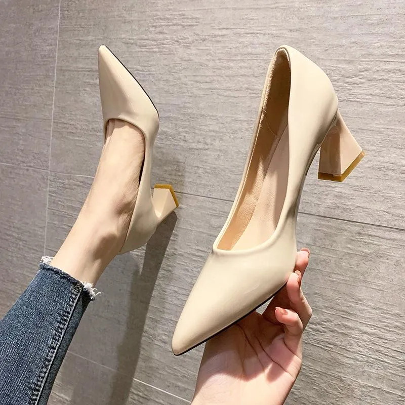 Nude Block Heels Summer Chunky Heel Soft Patent Leather Chunky Heel