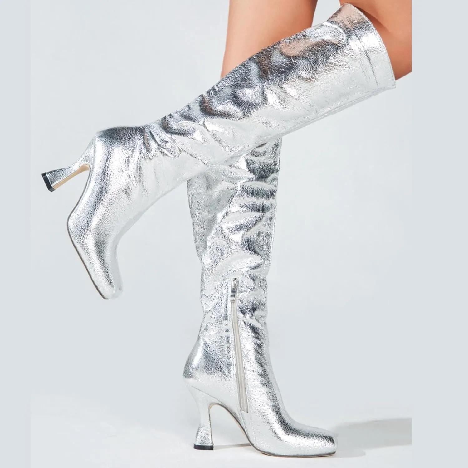 oiangi Womens Sparkly Boots Knee High - Fashion Casual Solid Square Toe Zipper Stilettos High Heel Boots Trendy Comfortable Ladies Shiny Shoes