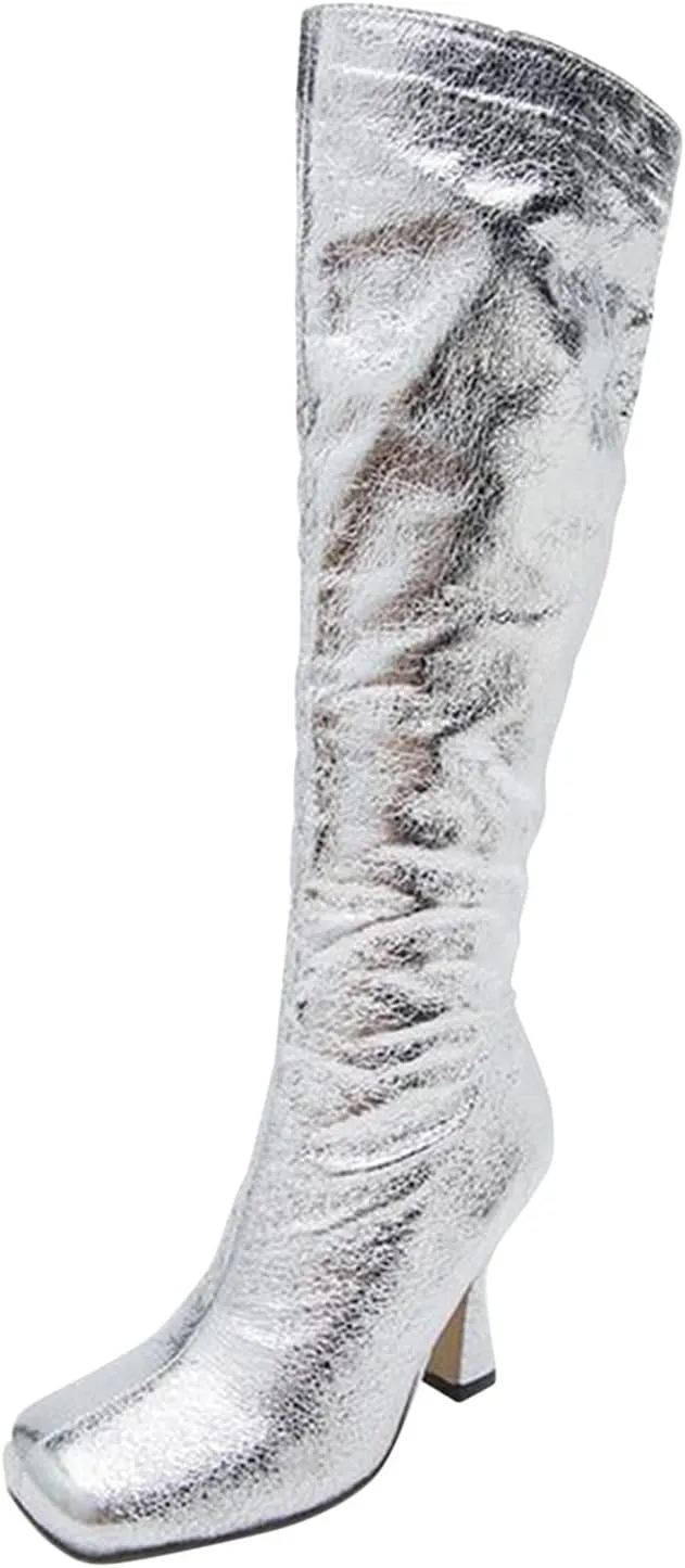 oiangi Womens Sparkly Boots Knee High - Fashion Casual Solid Square Toe Zipper Stilettos High Heel Boots Trendy Comfortable Ladies Shiny Shoes