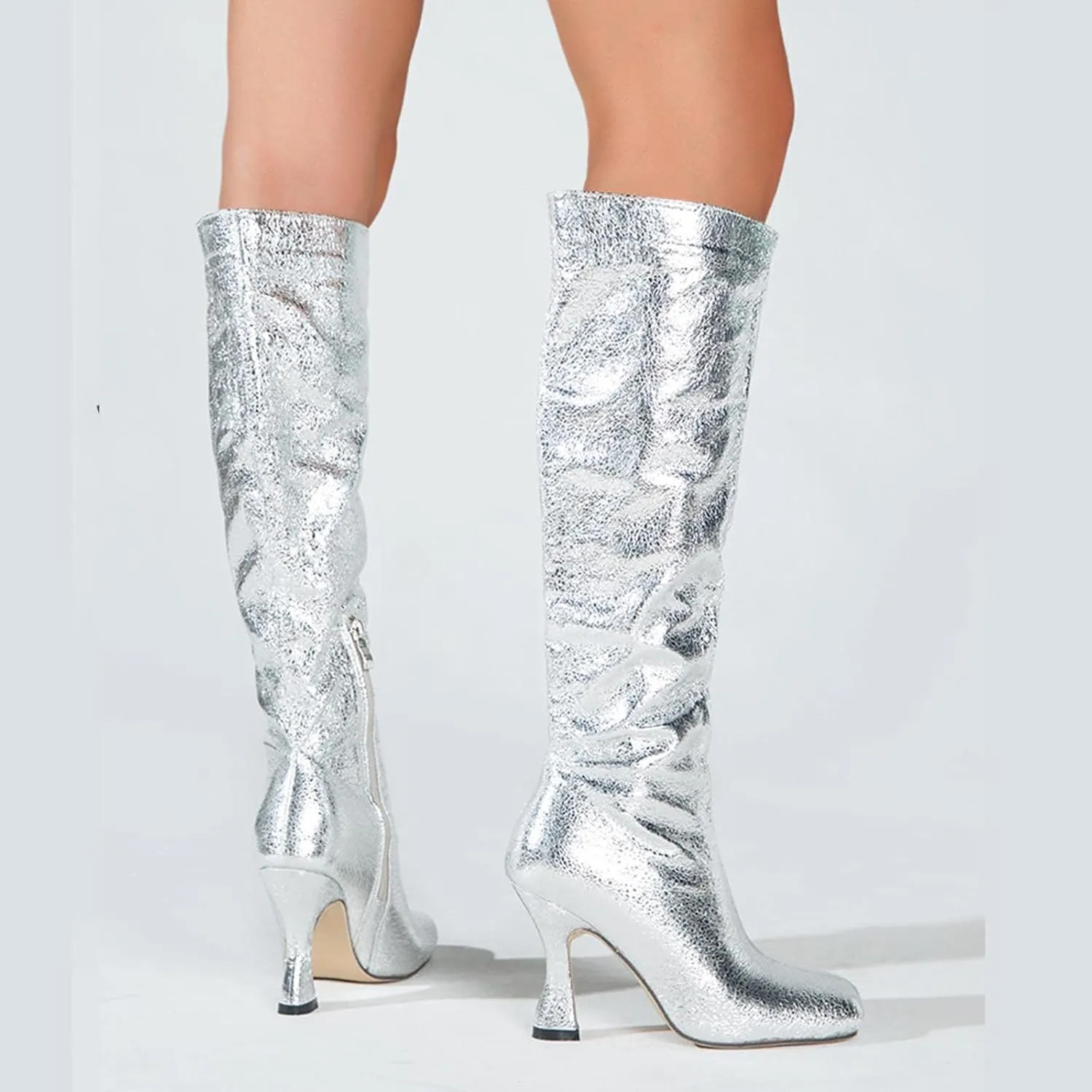 oiangi Womens Sparkly Boots Knee High - Fashion Casual Solid Square Toe Zipper Stilettos High Heel Boots Trendy Comfortable Ladies Shiny Shoes