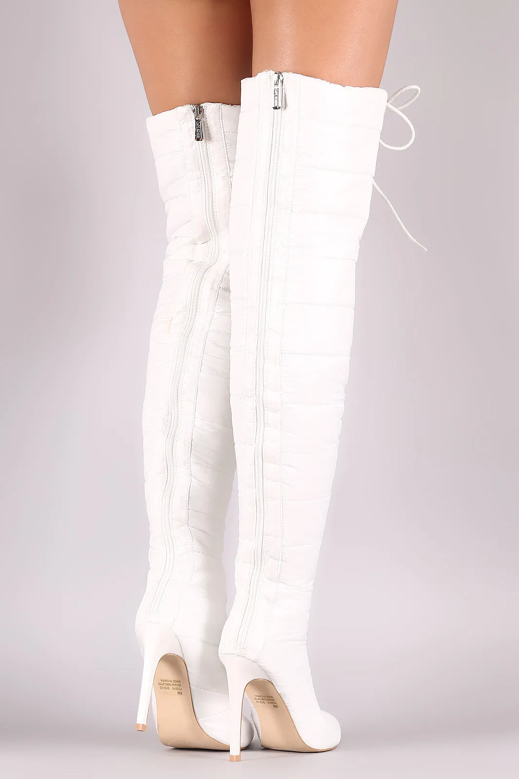 Quilted Puffer Lace-Up Stiletto OTK Boots