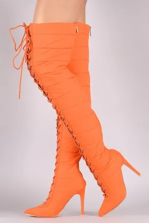 Quilted Puffer Lace-Up Stiletto OTK Boots