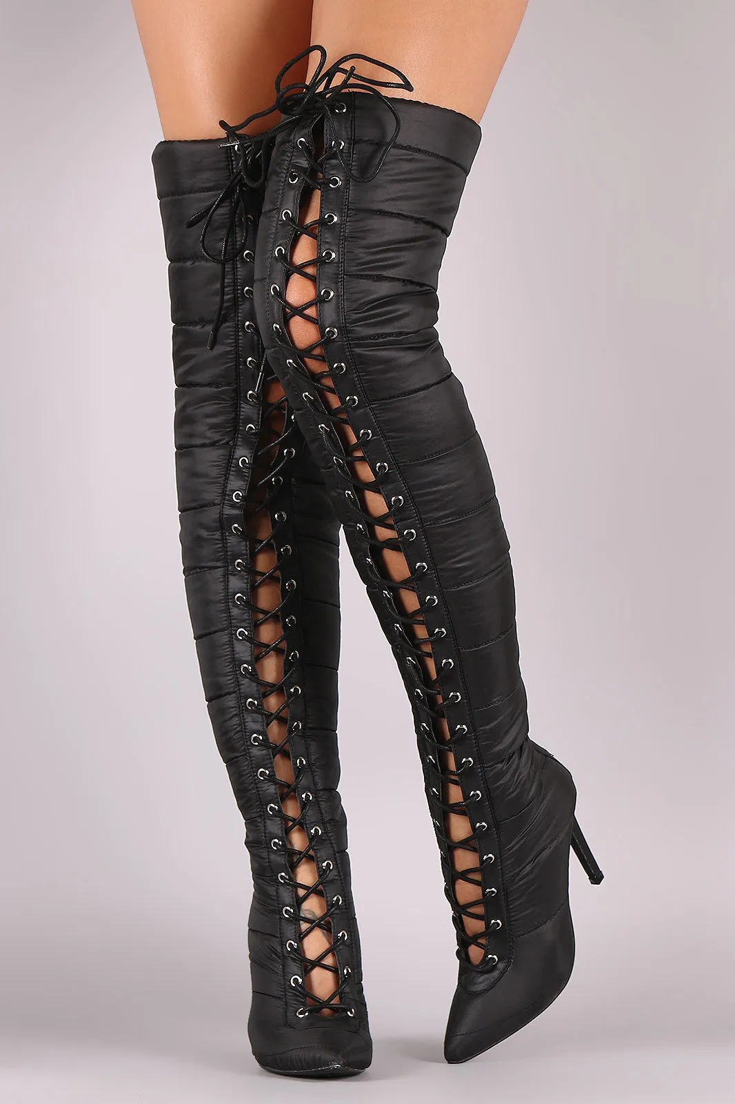 Quilted Puffer Lace-Up Stiletto OTK Boots