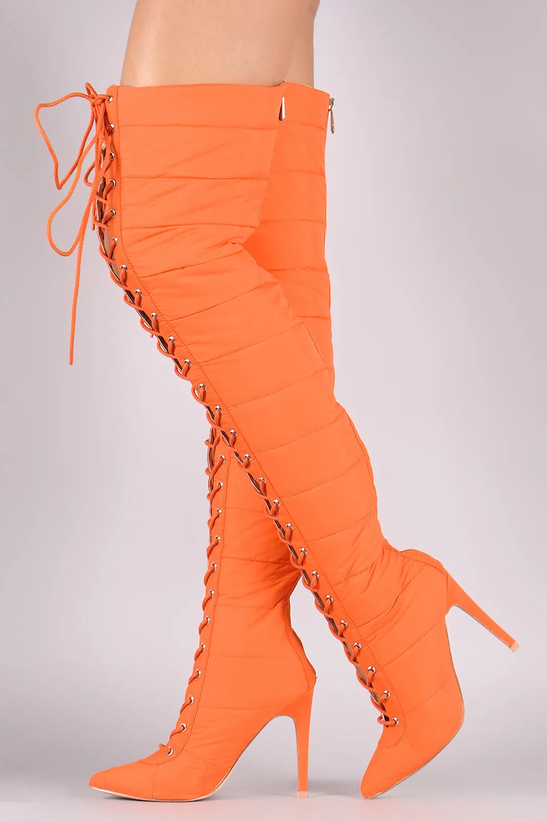 Quilted Puffer Lace-Up Stiletto OTK Boots