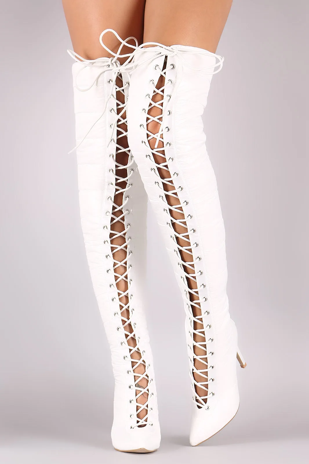 Quilted Puffer Lace-Up Stiletto OTK Boots