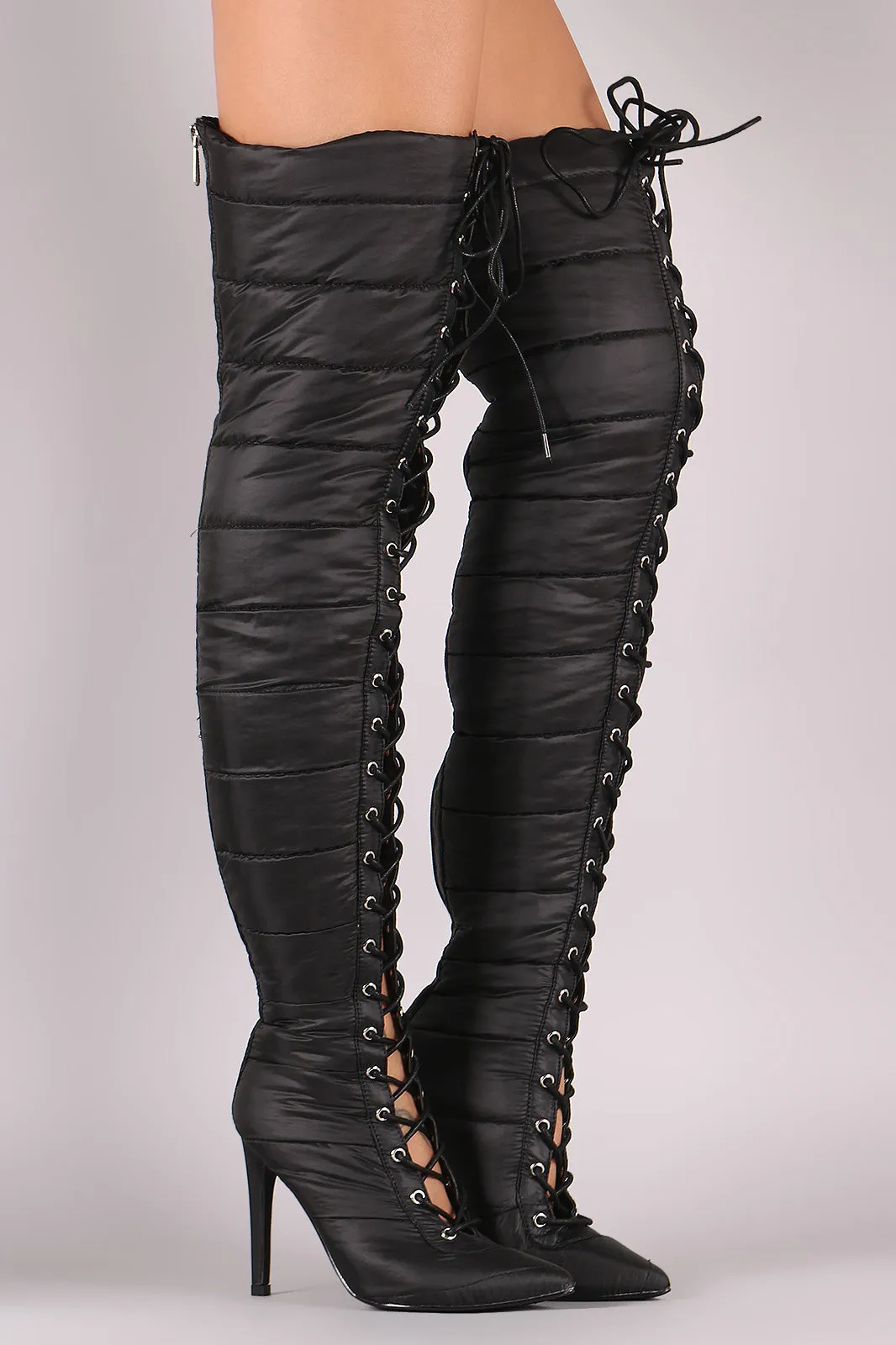 Quilted Puffer Lace-Up Stiletto OTK Boots