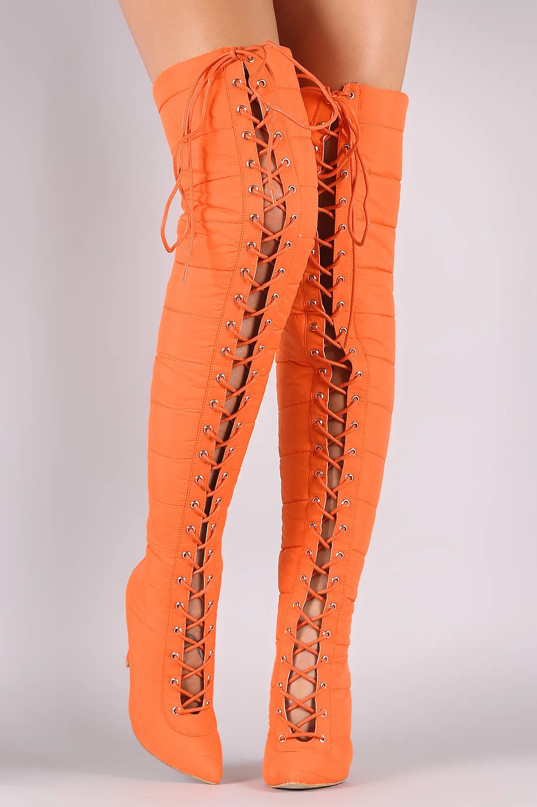 Quilted Puffer Lace-Up Stiletto OTK Boots