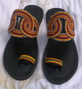 Rainbow colors flowered slip on slippers maasai/masai/masaai leather beaded sandals  for women with free shipping