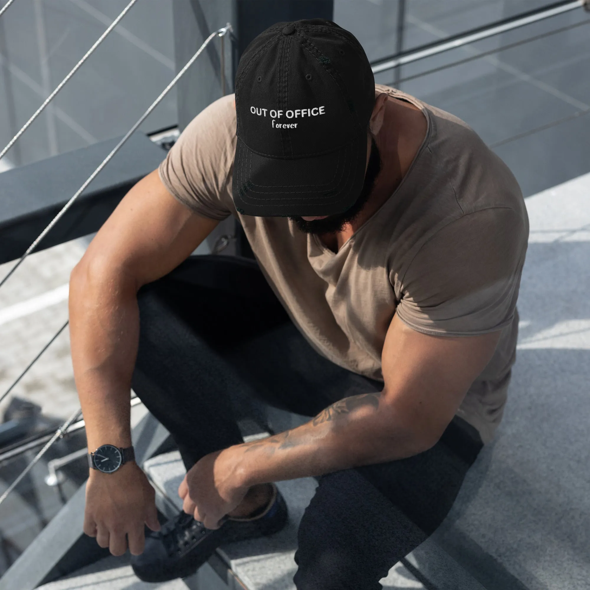 Stylish Distressed Embroidered Retirement Hat that States, OUT OF OFFICE forever